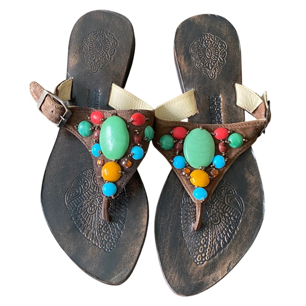 Naughty Monkey Womens Brown Beaded Thong Sandals Boho Multi-Color Sz 7.5 Hippie